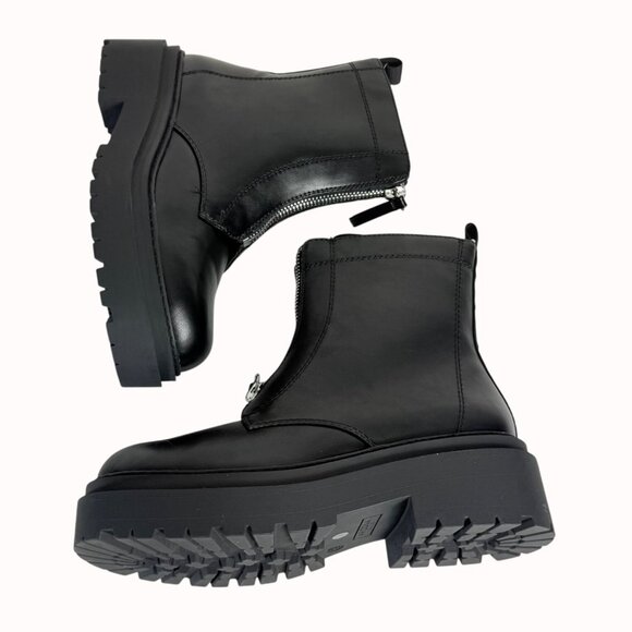 Edgy Black Combat Ankle Boots Sz 9 Chunky Lug Platform Front Zipper Biker Chick - Picture 4 of 16